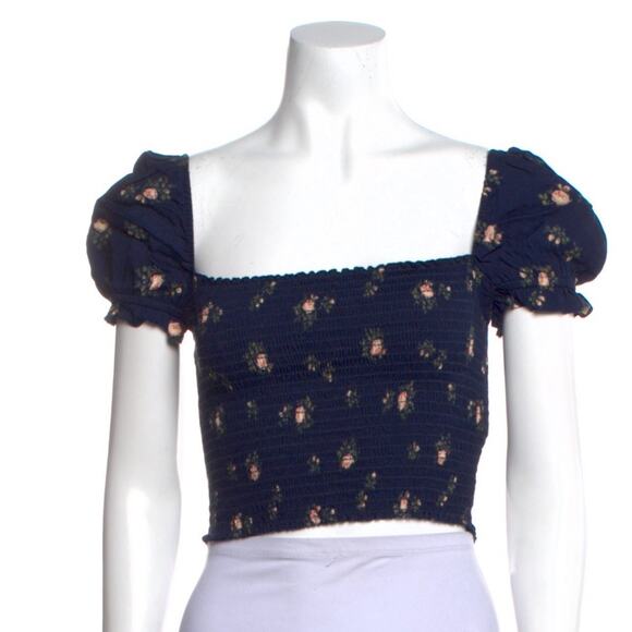 Reformation Tops - Reformation Floral Crop Top Square Neck Smocked Bodice Size 8 In Navy Blue NWT